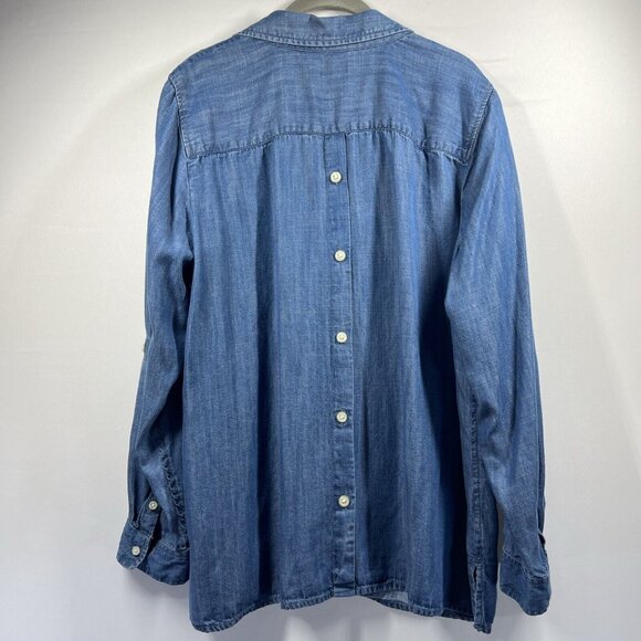 Talbots Women's Blouse Denim Blue Pullover Long Roll Tab Sleeves Lightweight - Picture 2 of 9